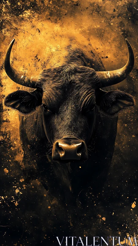 Charging bull portrait in molten gold splatter storm.