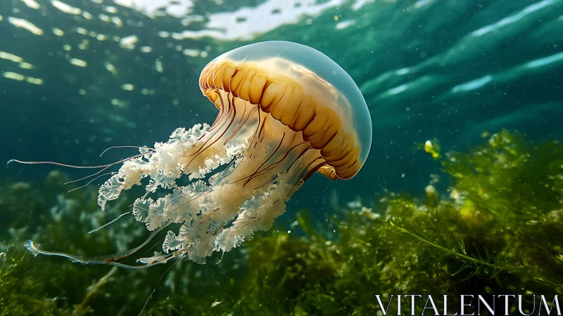 Golden jellyfish drifts through sunlit underwater garden