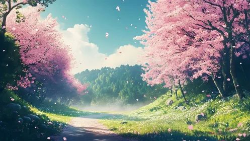 Sunlit spring pathway curves under blooming cherry trees