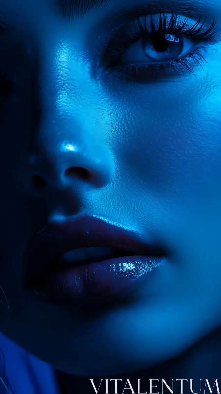 Midnight blue portrait glows softly across lips and gaze