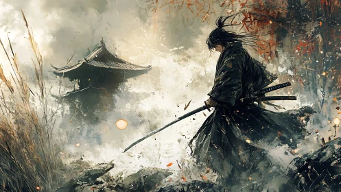 Solitary samurai walks through mist toward a distant temple