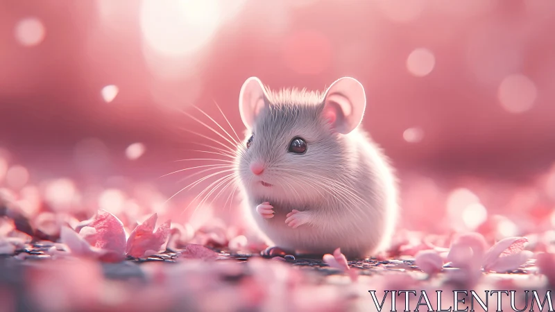 Gentle little mouse pauses in a dreamy pink petal haven