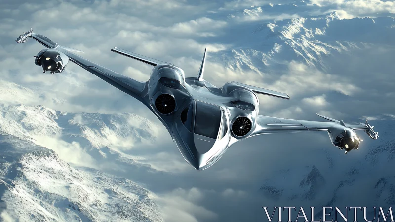 Sleek futuristic aircraft glides boldly above icy mountain clouds