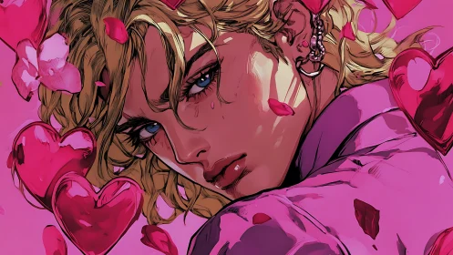 Melancholic blond portrait framed by vivid pink hearts