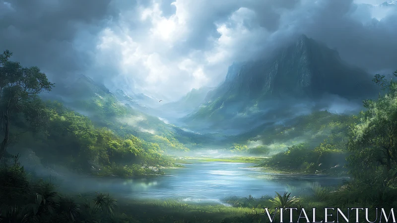 Volumetric mist softens sunlit mountains over reflective valley lake