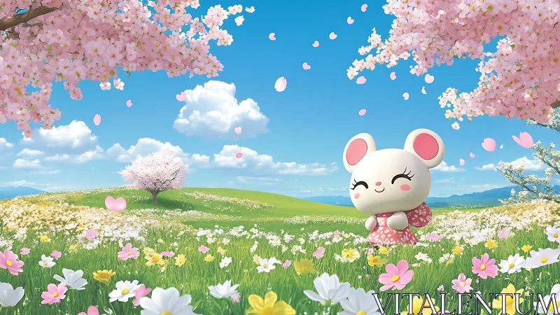 Gentle mouse enjoys a sunny spring meadow of blossoms