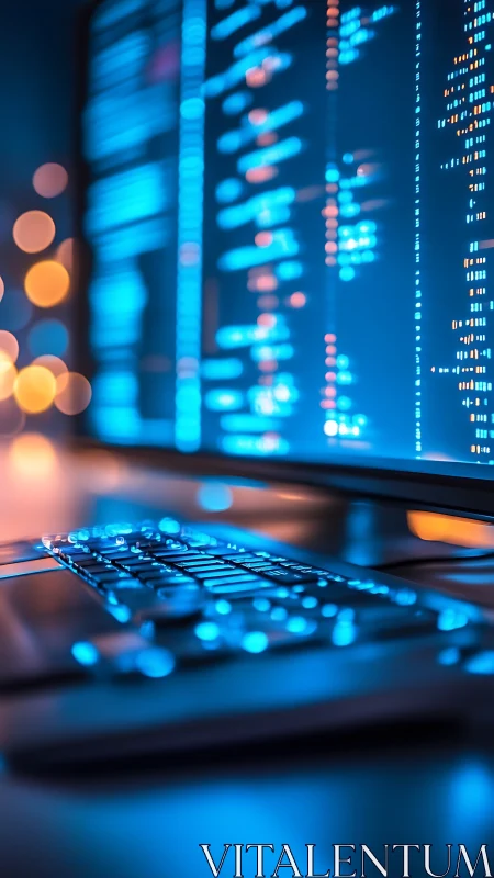 Programmer workstation glowing with blue code reflections.