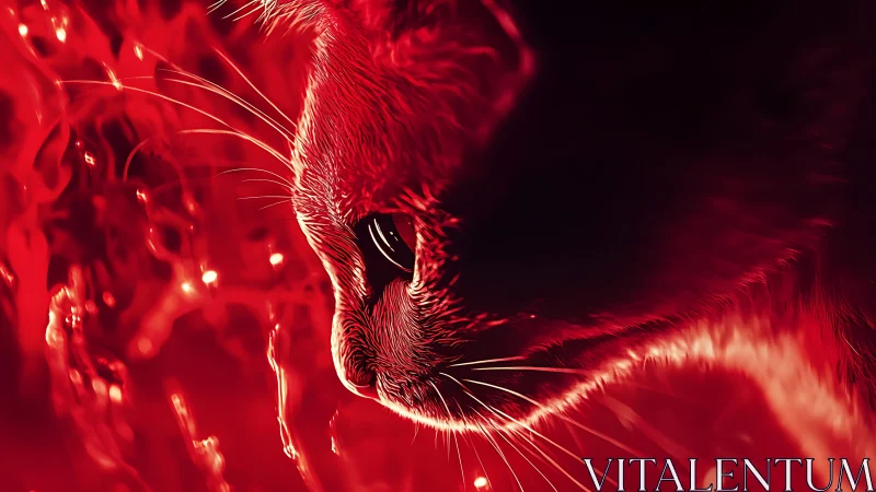 Luminous Red Cat Face in Glowing Fiber Light Burst