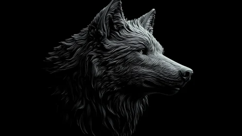 High-contrast digital wolf profile with sculpted, directional fur