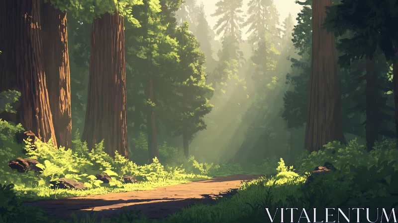 Misty Redwood Forest Path. Cathedral Light Through Ancient Trees.