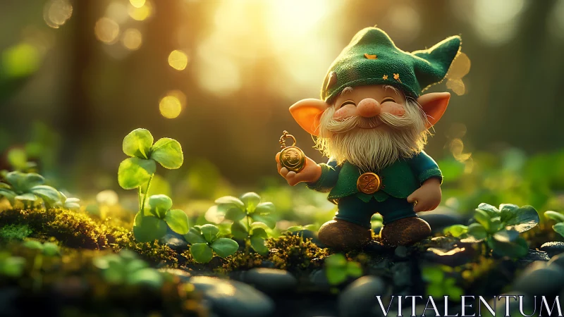 Smiling forest gnome holds gold charm under glowing sunset