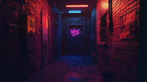 Neon-tagged alley hums softly under synthetic midnight glow