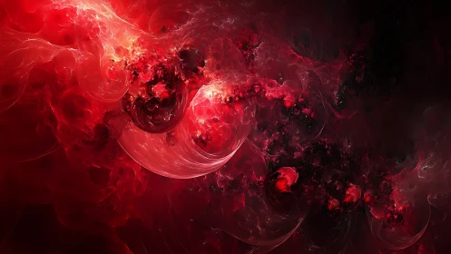 Red fractal nebula with swirling gaseous structures.