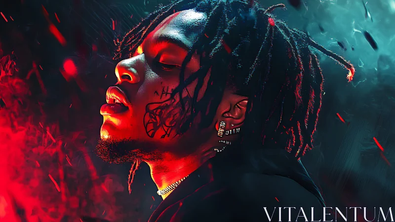 Moody neon portrait of a rapper in glowing red and blue.