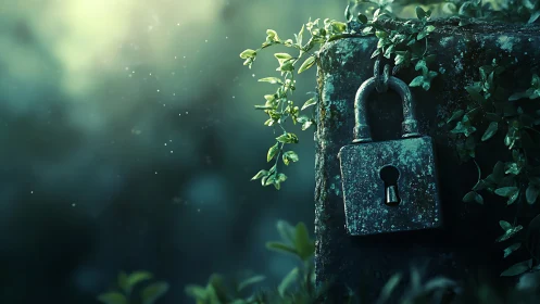 Weathered padlock on mossy stone with soft teal bokeh glow.
