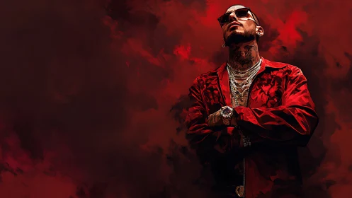 High-contrast red portrait with stylized lighting and layered jewelry