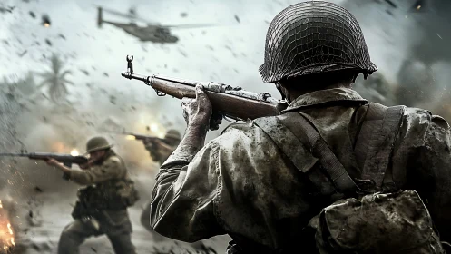 World War II infantry assault with rifleman under air support