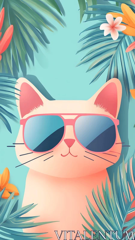 Cool Cat in Sunglasses Surrounded by Tropical Foliage