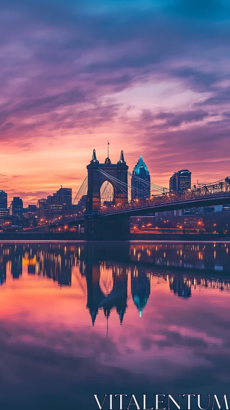 Sunset lights wash over a tranquil riverside city bridge.