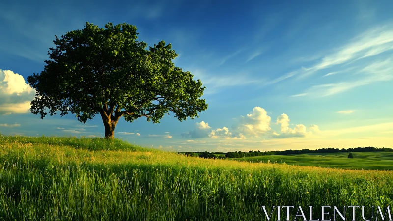 Solitary tree crowns sunlit meadow under high-contrast evening sky