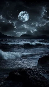 Moonlit tempest above midnight ocean swells and rocks.