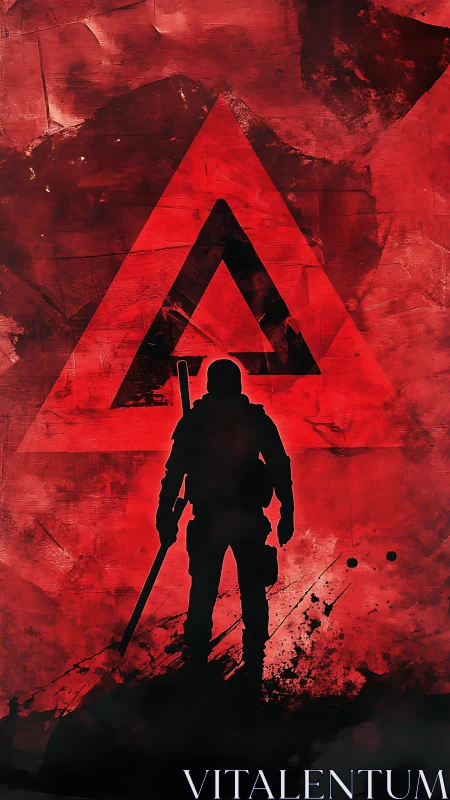 Lone futuristic soldier stands before a blazing red sigil