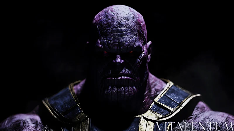 Monochromatic close-up renders a grim purple warlord in armor