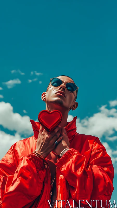 Bold Red Jacket Against Turquoise Sky