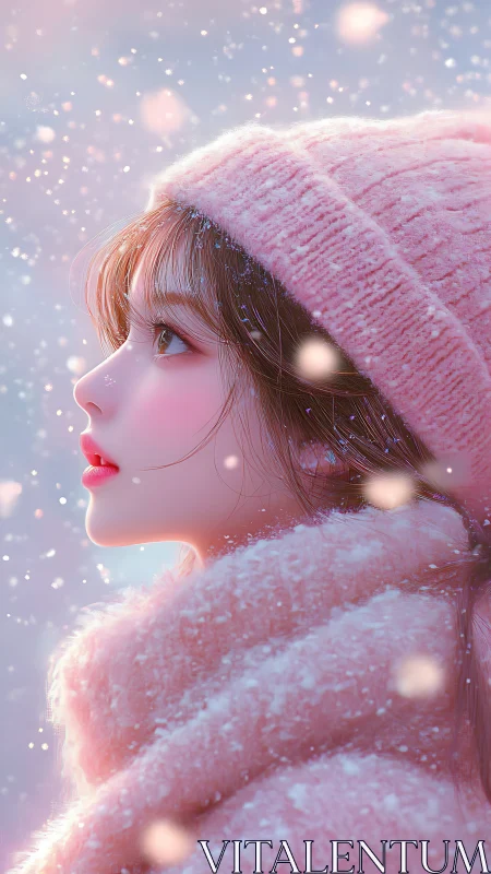 Snowlit daydream girl wrapped in blush winter softness.