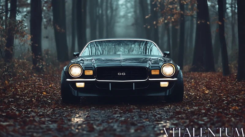 Classic muscle car glows softly in a misty autumn forest.