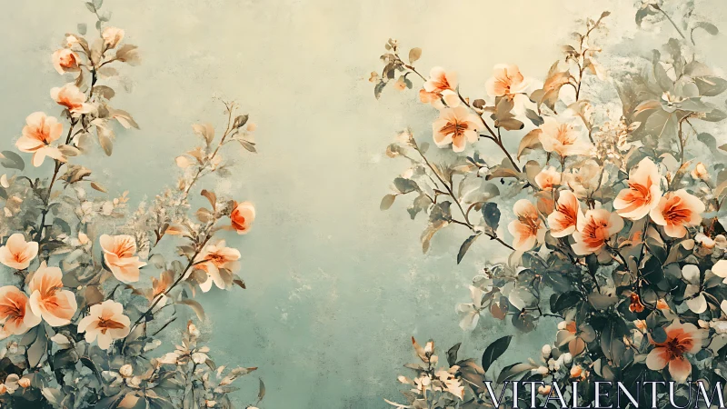 Delicate Peach Flowers Bloom Against Soft Sage Garden