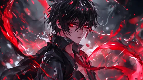 Crimson-eyed sorcerer wrapped in swirling red power.