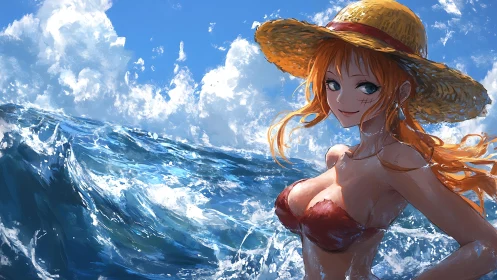 Anime redhead sailor in straw hat over dynamic ocean waves.