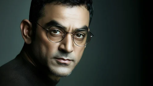 Intense portrait of man with round glasses in moody light.