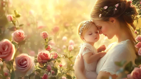 Mother and Infant in Rose Garden. Golden Hour Portraiture.