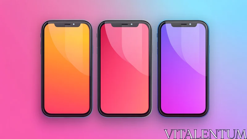 Three Smartphones Display Vibrant Gradient Screens.