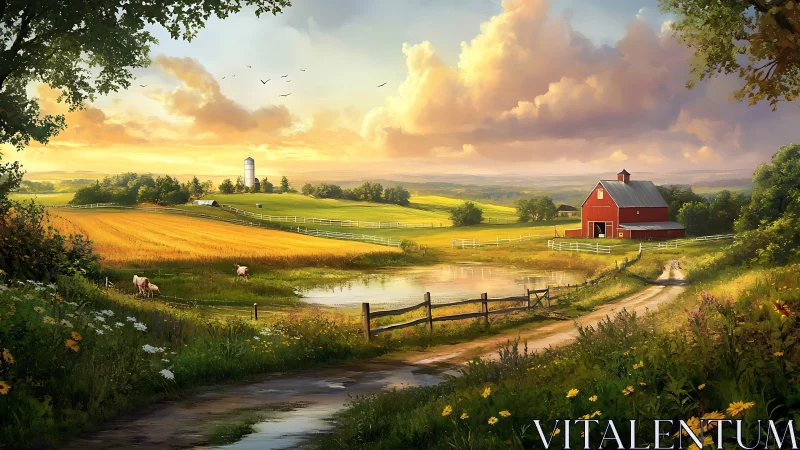 Golden-hour farm landscape glows with calm country light