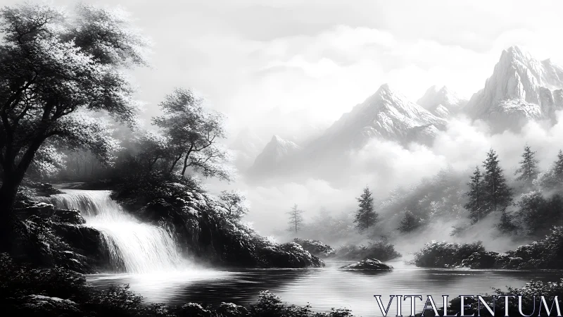 Silver hush over waterfall valley and drifting cloud peaks.