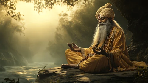 Mystic sage meditating by luminous forest river at dawn.