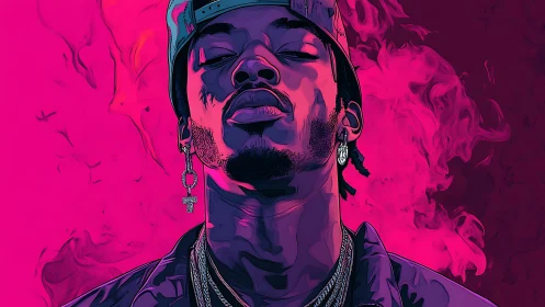 Neon magenta rap portrait with moody smoke and hard rimlight.