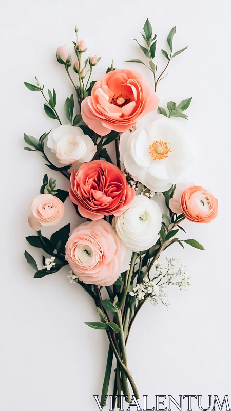 Coral Pink White Ranunculus Bouquet Arranged Overhead.