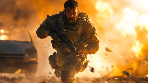 Battle-hardened soldier charges through blazing explosion.
