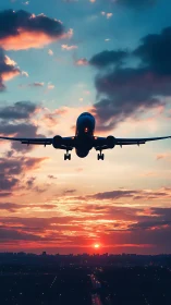 Evening airplane glides smoothly above a glowing city sunset