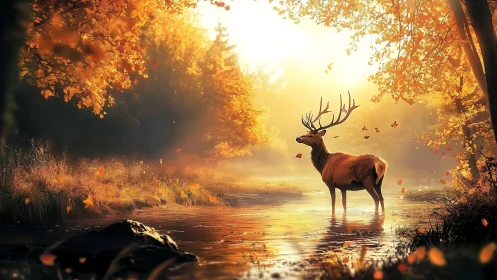 Stag stands in shallow forest river under bright autumn light