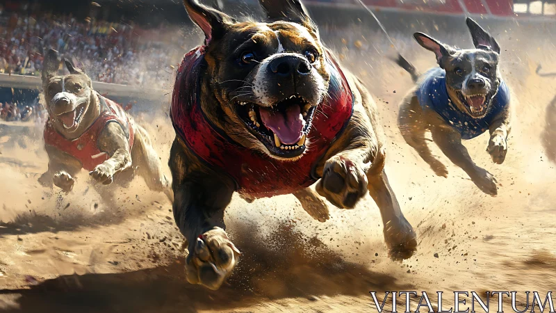 Joyful canine racers kicking up dust in a roaring stadium.