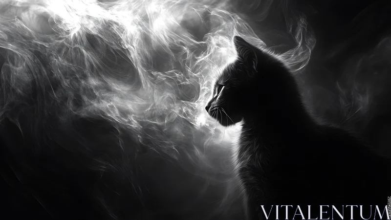 Silhouetted cat studies swirling luminous smoke in darkness