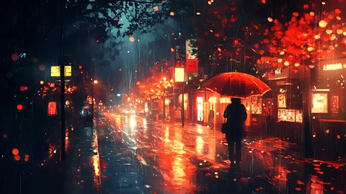Cozy night stroll with a red umbrella under city lights.