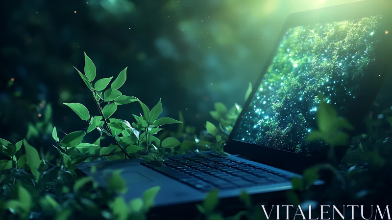Ultrabook in luminous forest foliage with bioluminescent display