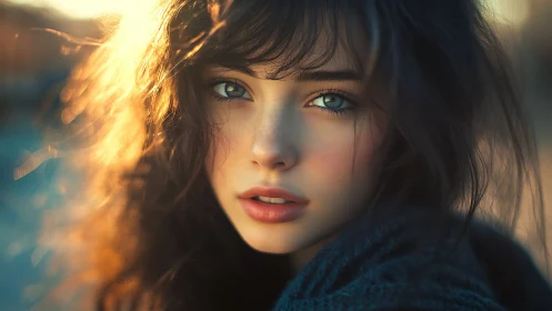 Shallow depth portrait, teal eyes in backlit golden hour bokeh