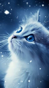 White Cat with Piercing Blue Eyes in Magical Starlight.